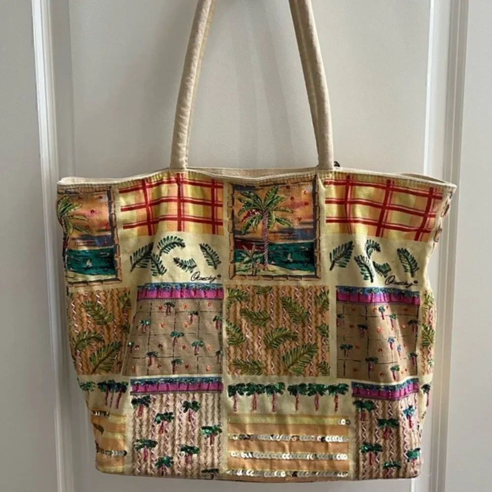 Quasby Beach Themed Bag Tote cotton/lined: handle detail - Bright Colors